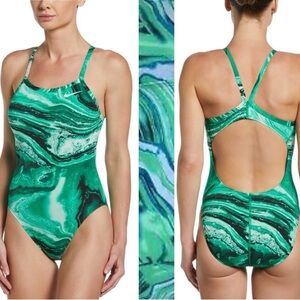 Nike Crystal Wave Swimsuit One-Piece Racerback in Green/Blue/White Size L NWT